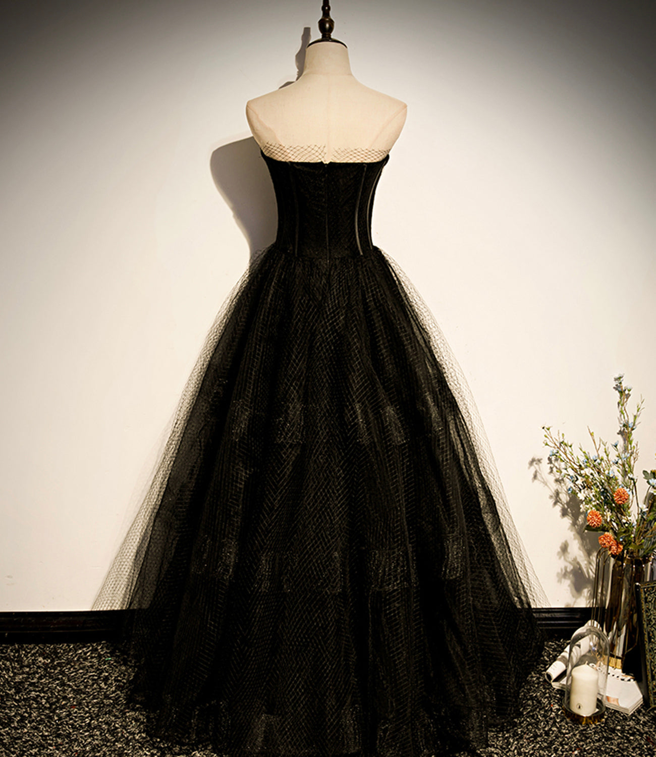 Black tulle long A line prom dress black evening dress  8830