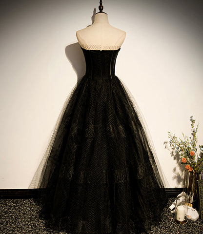 Black tulle long A line prom dress black evening dress  8830