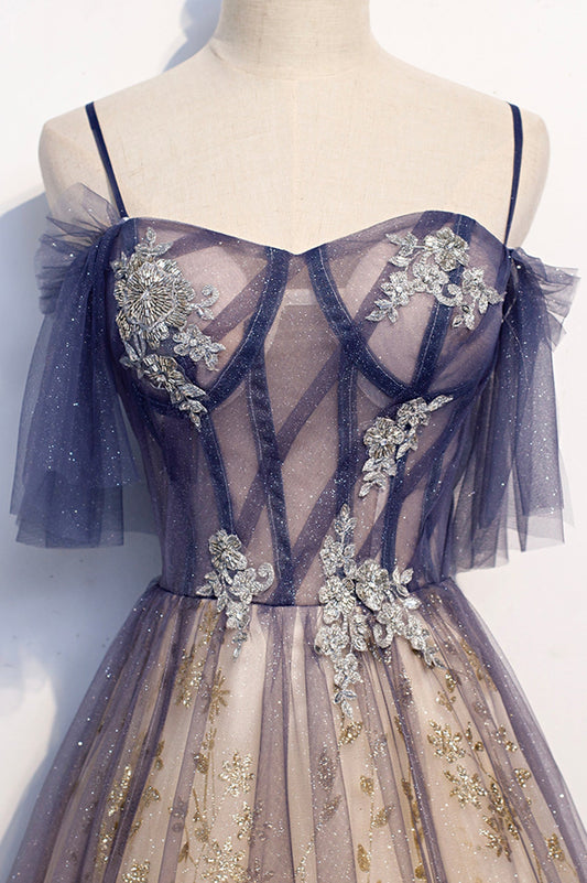 Cute tulle long A line prom dress evening dress  8712