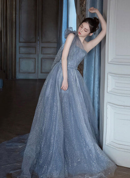 Blue tulle sequins long prom dress one shoulder evening dress  8426