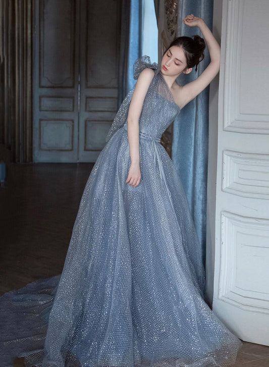Blue tulle sequins long prom dress one shoulder evening dress  8426