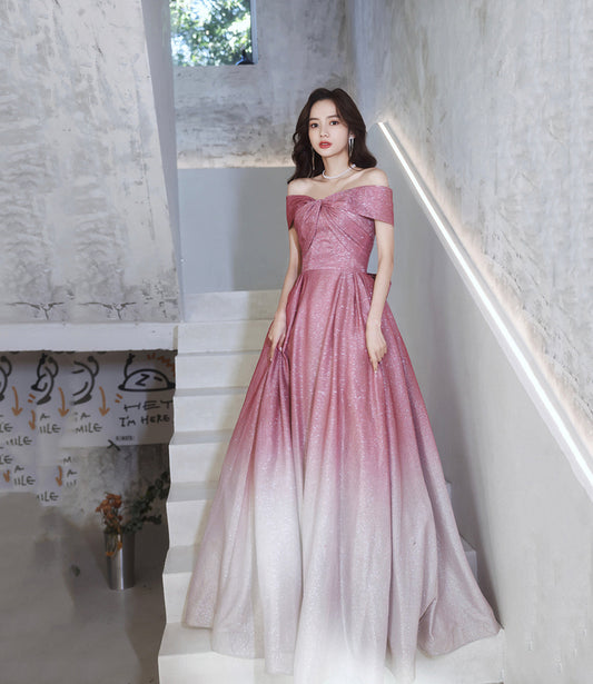 Pink gradient long A line prom dress evening dress  8823