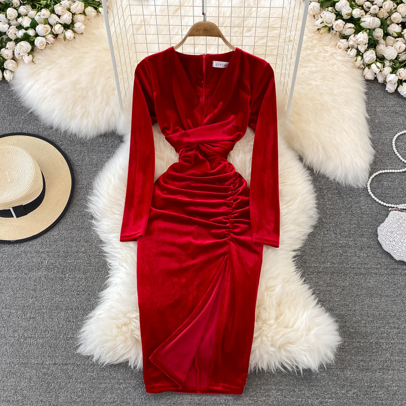 Simple V Neck Velvet Long Sleeve Dress Fashion Dress  10827