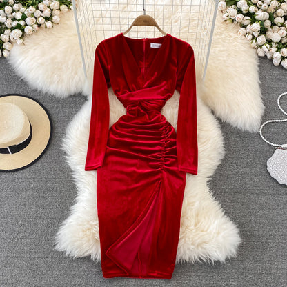 Simple V Neck Velvet Long Sleeve Dress Fashion Dress  10827