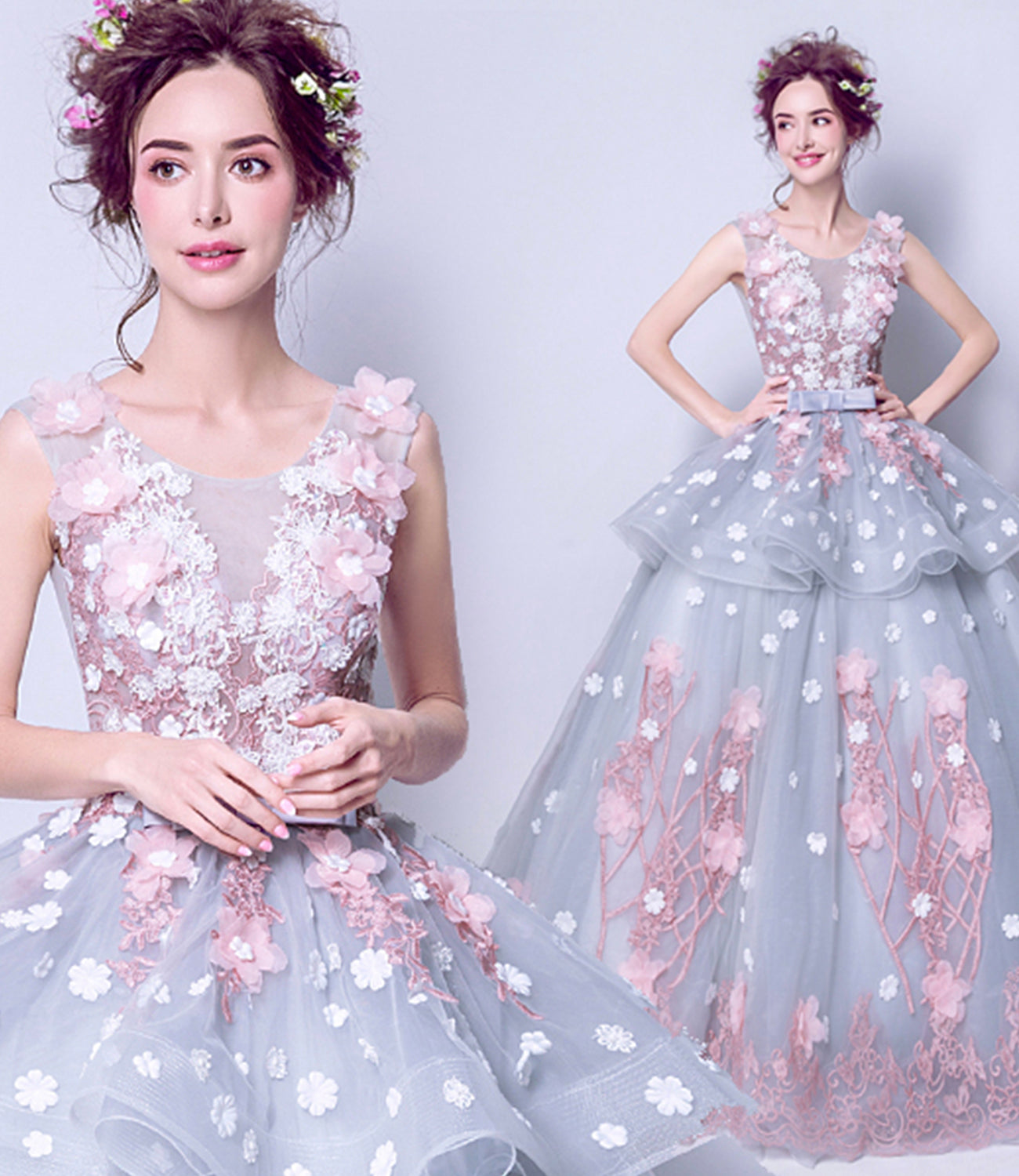 Blue tulle applique long ball gown dress formal dress  8922