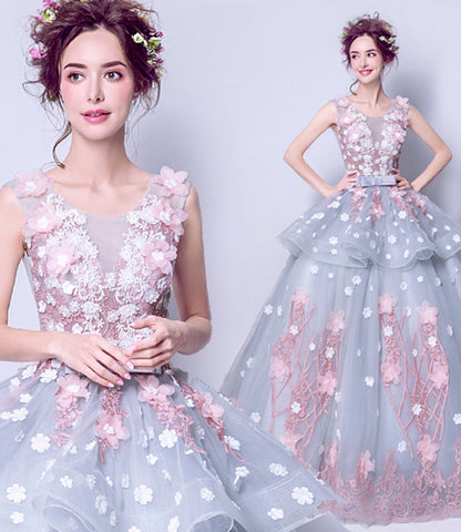 Blue tulle applique long ball gown dress formal dress  8922