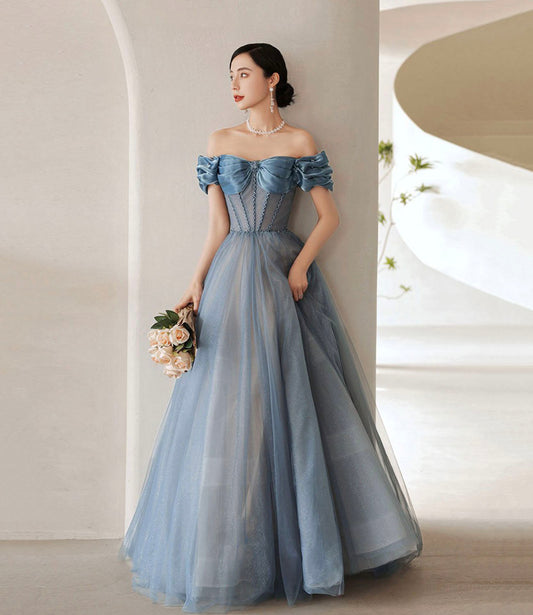 Blue tulle long A line ball gown dress evening gown  10287