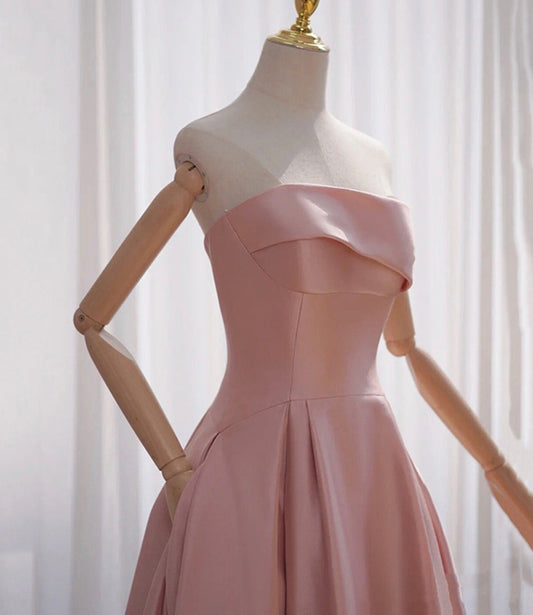 Pink satin short A line prom dress evening dress  8817