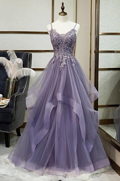A Line Purple Tulle Prom Dress With Lace Appliques,WP239