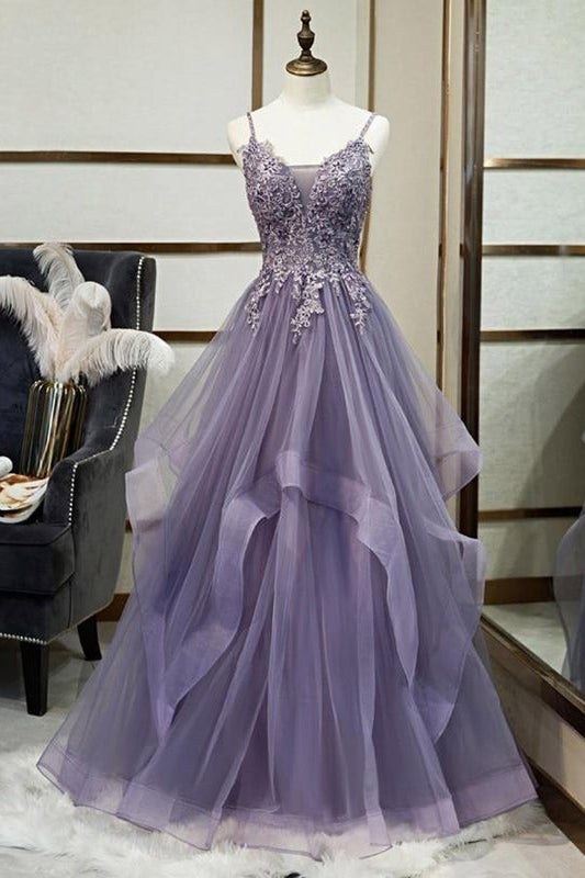 A Line Purple Tulle Prom Dress With Lace Appliques,WP239