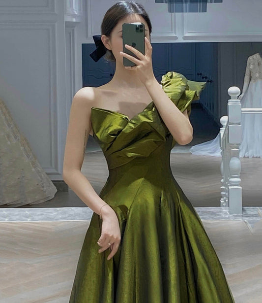 Green satin long prom dress A line evening dress  10541