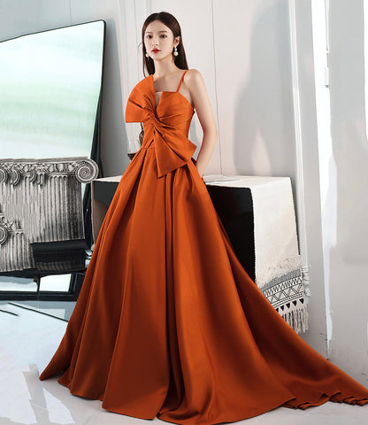 Orange satin long prom dress with bow A line formal dress  10568