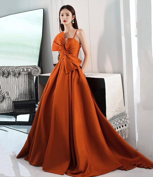 Orange satin long prom dress with bow A line formal dress  10568