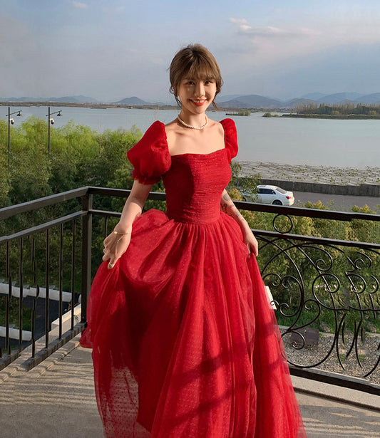 Red tulle long prom dress A line evening dress  10602