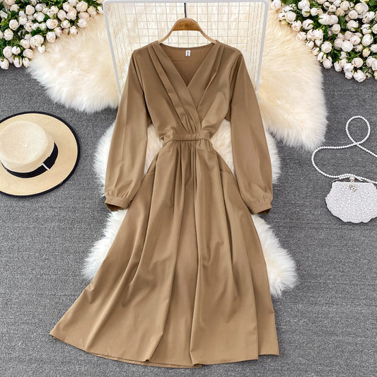 Simple V Neck Long Sleeve Dress Fashion Dress  10874