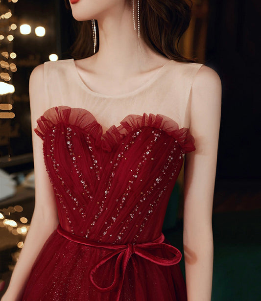 Burgundy tulle sequins long prom dress A line evening dress  10555