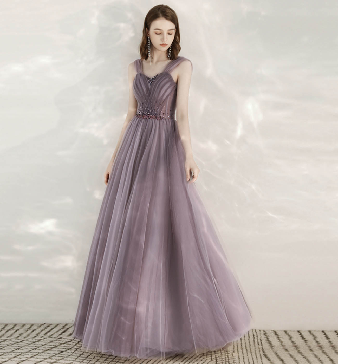 Purple tulle beads long prom dress evening dress  8613