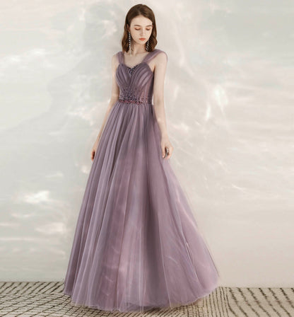 Purple tulle beads long prom dress evening dress  8613