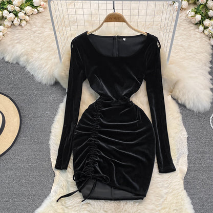 Black Velvet Long Sleeve Dress Sexy Dress  10948