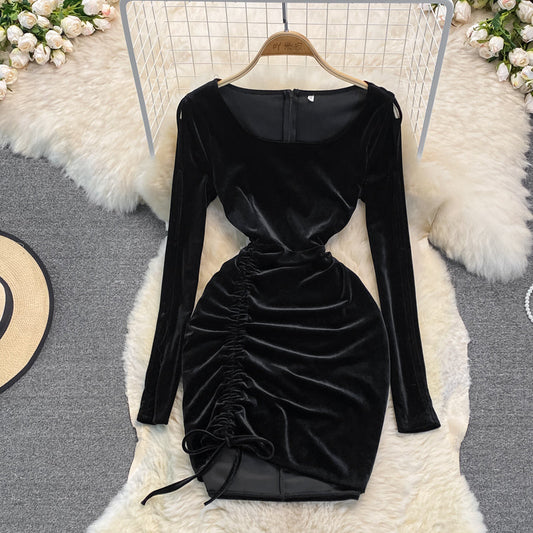 Black Velvet Long Sleeve Dress Sexy Dress  10948