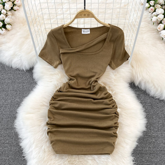 Design sense long sleeve slim fit wrinkled short Hip Wrap Dress  11038