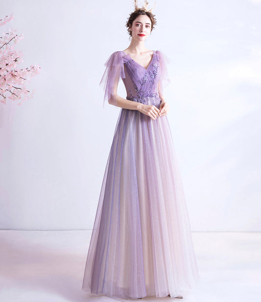 Purple v neck tulle long prom dress A line evening gown  10130