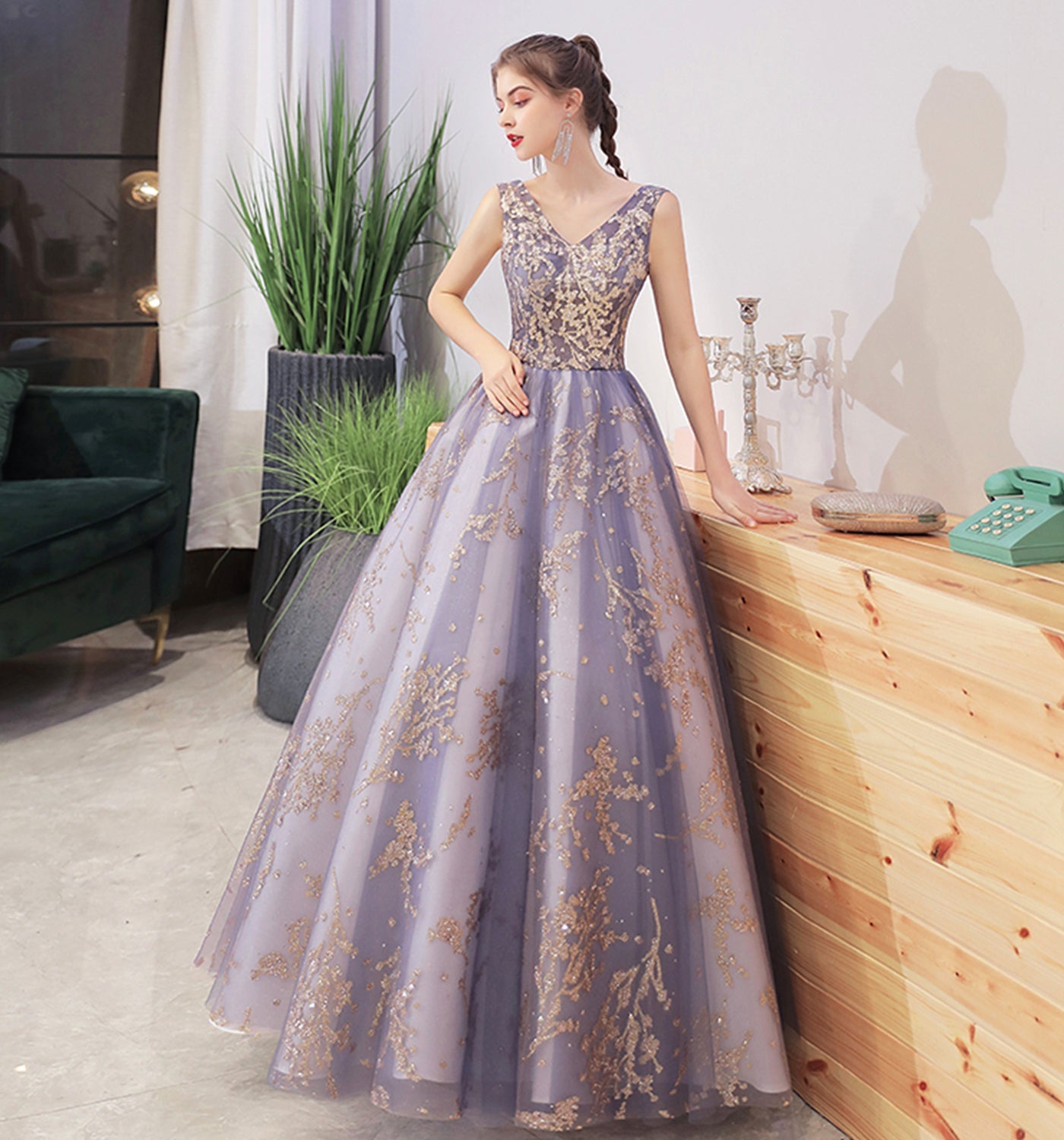 Stylish v neck tulle sequins long ball gown dress  8717