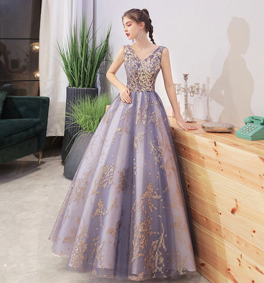 Stylish v neck tulle sequins long ball gown dress  8717