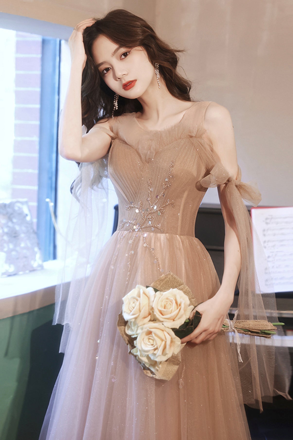 Cute tulle long A line prom dress evening dress  8667