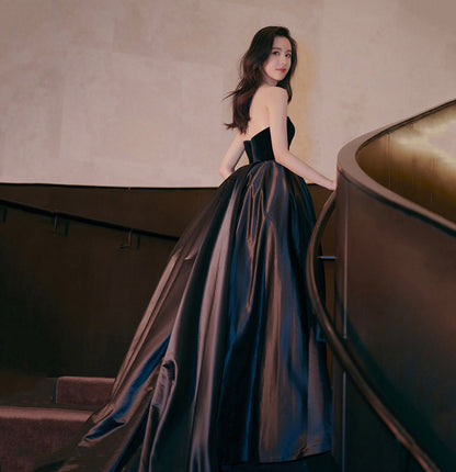 Black velvet satin long prom dress A line evening gown  10148