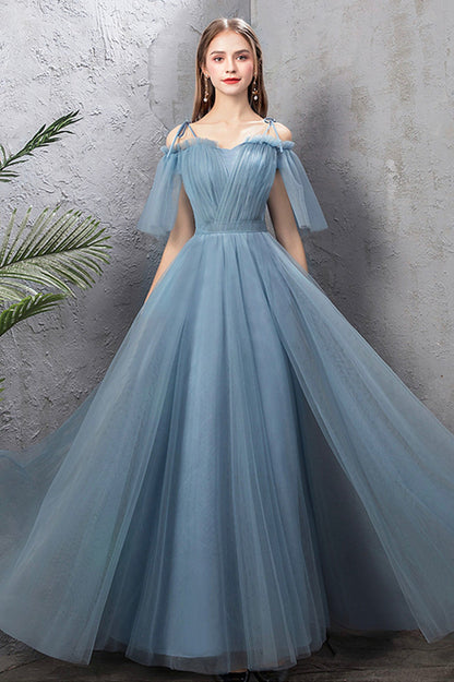 Blue tulle long A line prom dress blue evening dress  10588