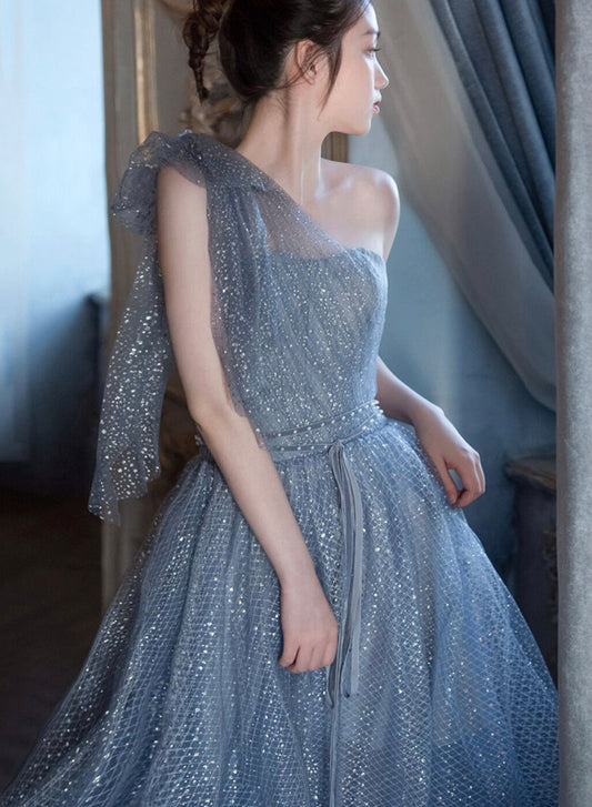 Blue tulle sequins long prom dress one shoulder evening dress  8426