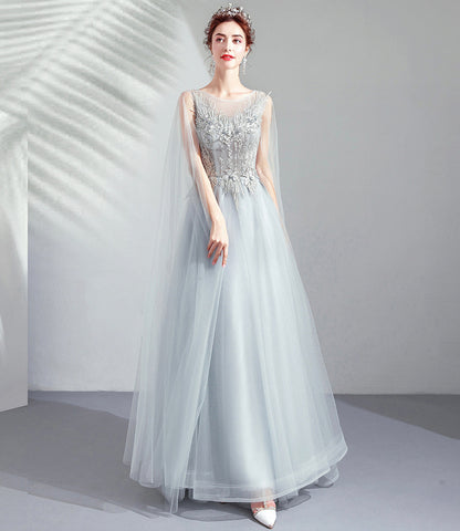 Gray tulle lace long prom dress A line evening dress  10509