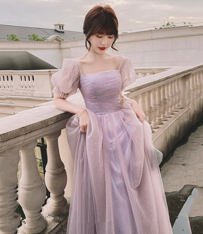 Purple tulle long A line prom dress evening dress  8854
