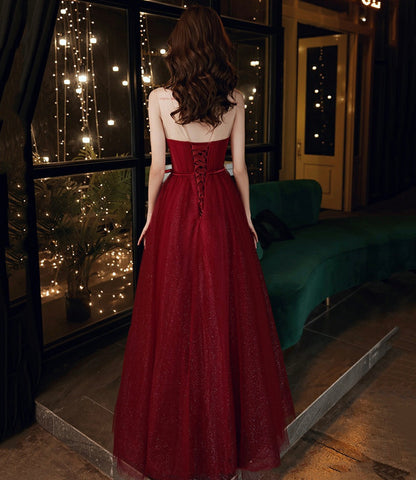 Burgundy tulle sequins long prom dress A line evening dress  10555
