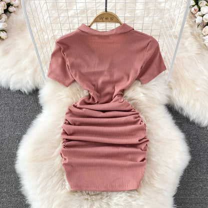 Slim and sexy polo collar, careful machine wrapped hip skirt  11138