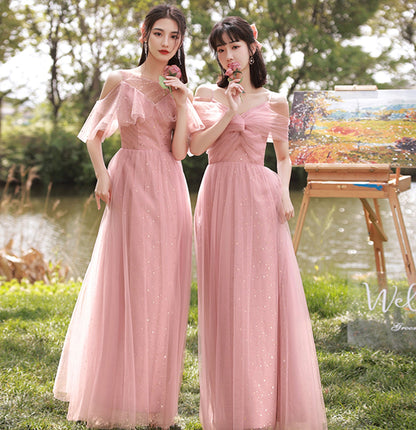 Pink tulle long A line prom dress pink evening dress  10040