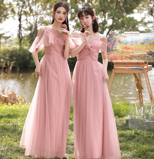Pink tulle long A line prom dress pink evening dress  10040