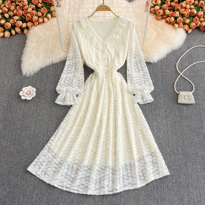 Champagne V Neck Lace Long Dress Fashion Dress  10957