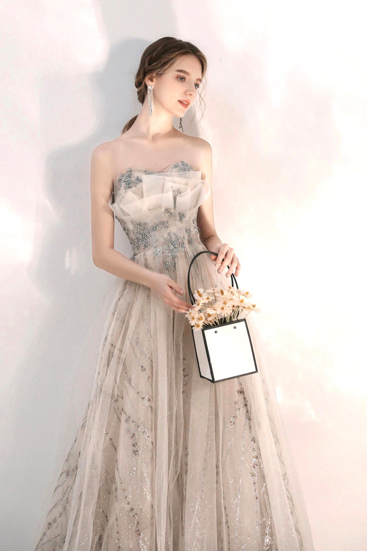 Champagne tulle sequins long A line prom dress  8574