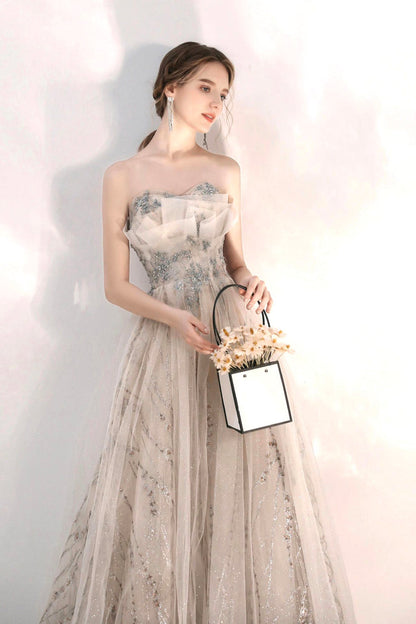 Champagne tulle sequins long A line prom dress  8574