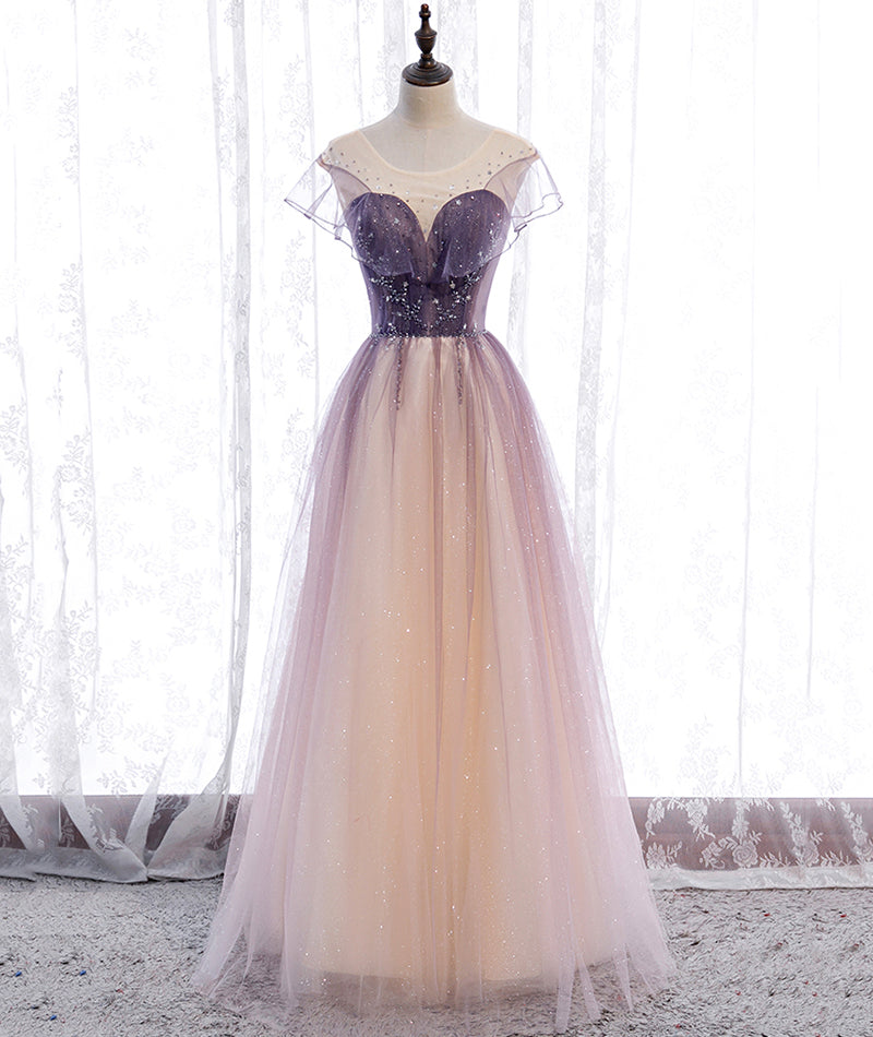 Elegant tulle sequins prom dress A line evening dress  8376