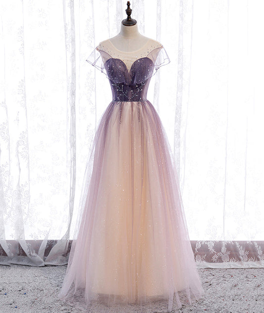 Elegant tulle sequins prom dress A line evening dress  8376