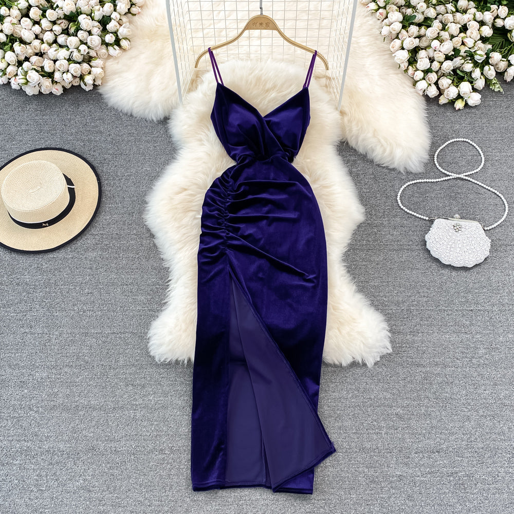 Slim open back split gold velvet dress suspender dress  11055