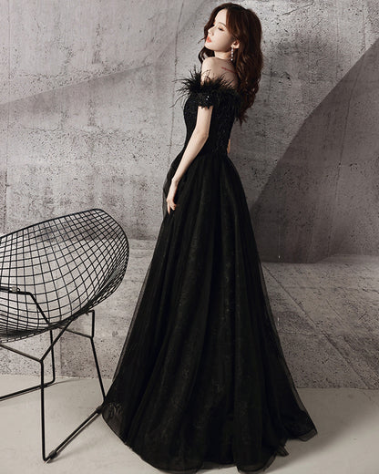 Black tulle beads long A line prom dress evening dress  8706