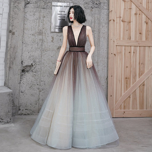 Unique v neck tulle long prom dress  8162