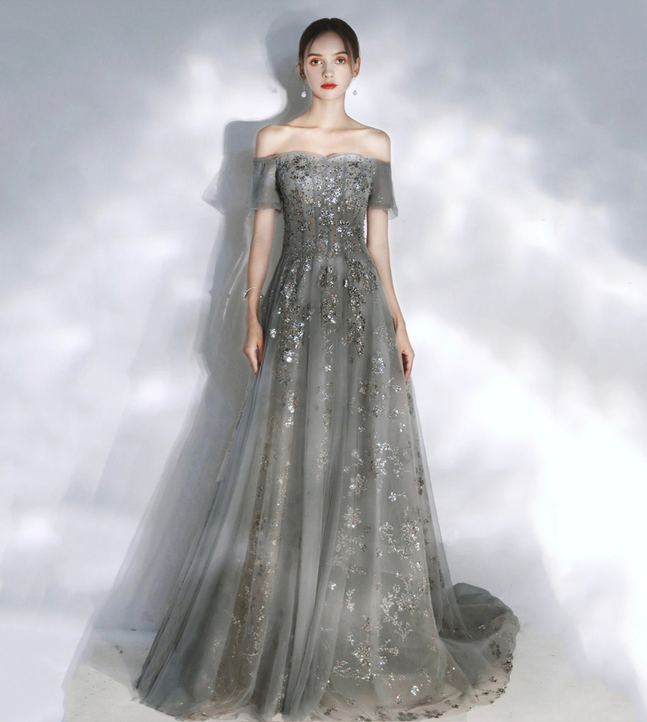 Grey sequins long A line prom dress evening dress  8575