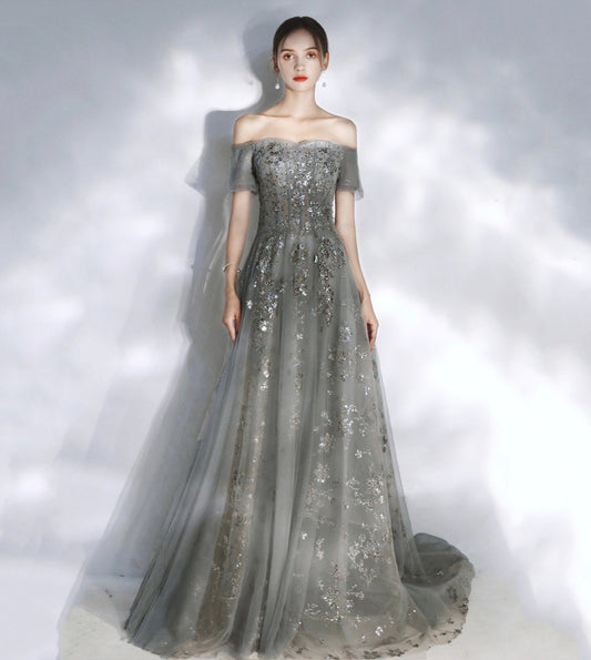Grey sequins long A line prom dress evening dress  8575