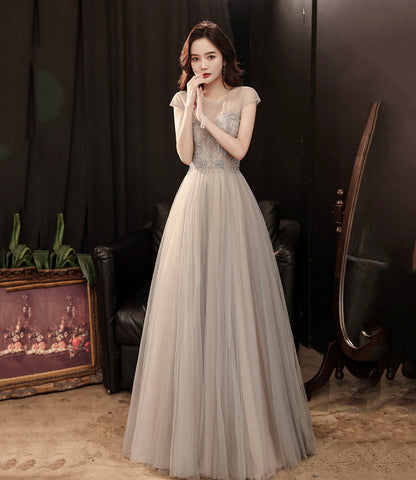 Cute tulle beads long prom dress A line evening gown  10279