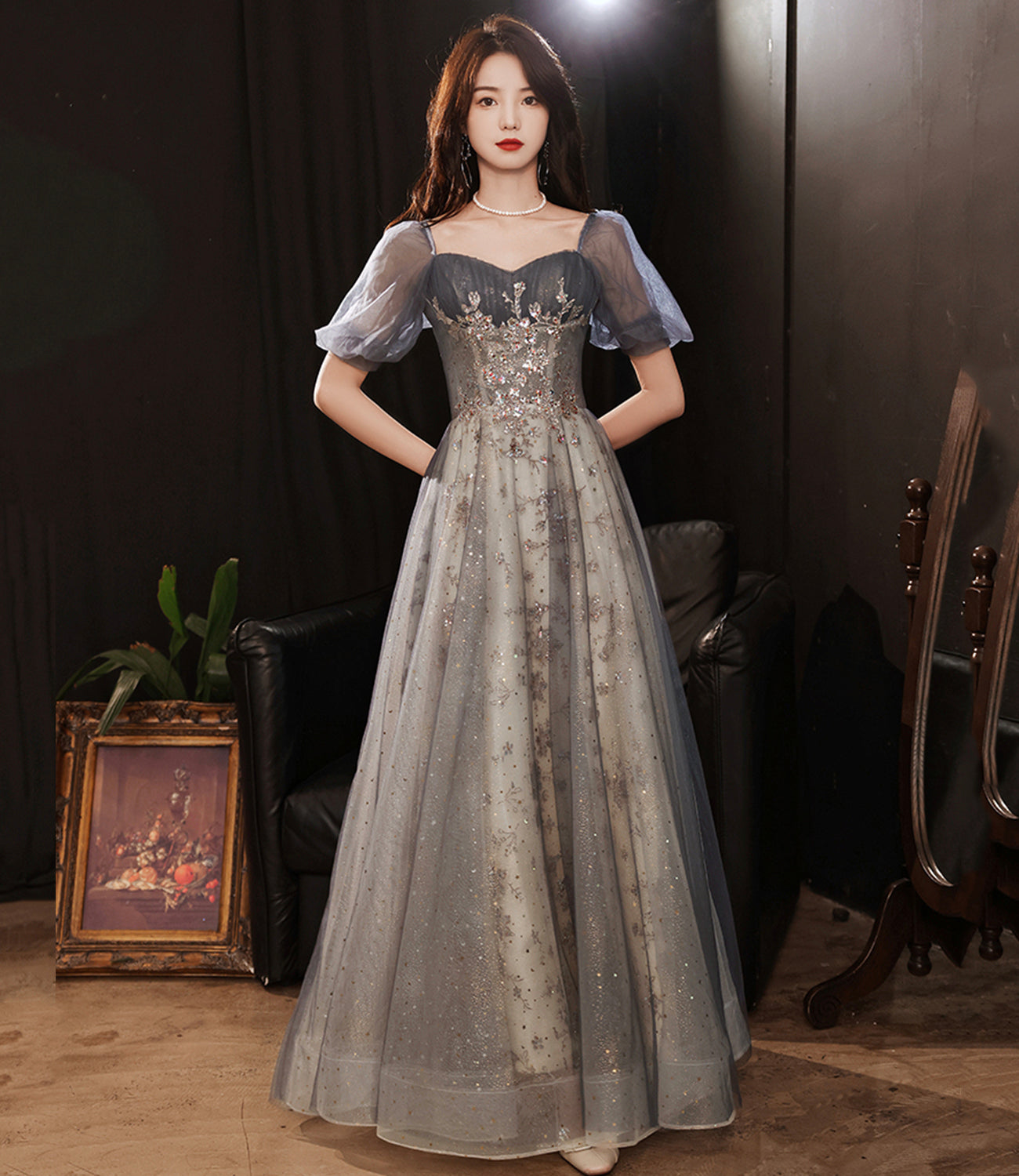 Gray tulle sequins long prom dress gray evening dress  10252